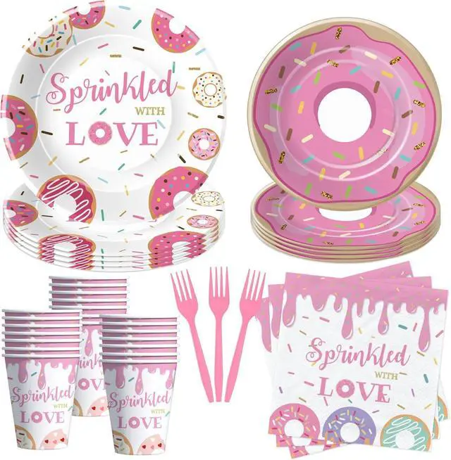 Main image of Donut Baby Sprinkle Decorations Tableware Girl - Pink Donut Sprinkled with Love Baby Shower Decorations Party Supplies, Paper Plate, Napkin, Cup, Disposable Fork | 24 Guests