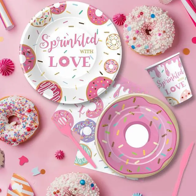 Alt view image 3 of 7 - Donut Baby Sprinkle Decorations Tableware Girl - Pink Donut Sprinkled with Love Baby Shower Decorations Party Supplies, Paper Plate, Napkin, Cup, Disposable Fork | 24 Guests