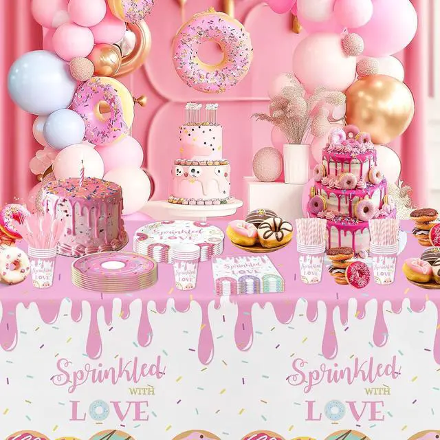 Alt view image 5 of 7 - Donut Baby Sprinkle Decorations Tableware Girl - Pink Donut Sprinkled with Love Baby Shower Decorations Party Supplies, Paper Plate, Napkin, Cup, Disposable Fork | 24 Guests
