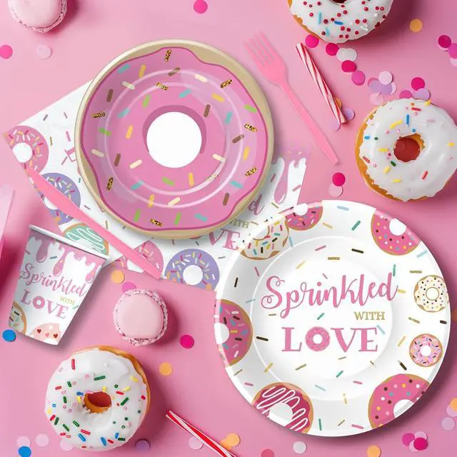 Alt view image 7 of 7 - Donut Baby Sprinkle Decorations Tableware Girl - Pink Donut Sprinkled with Love Baby Shower Decorations Party Supplies, Paper Plate, Napkin, Cup, Disposable Fork | 24 Guests