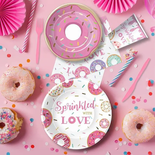 Alt view image 6 of 7 - Donut Baby Sprinkle Decorations Tableware Girl - Pink Donut Sprinkled with Love Baby Shower Decorations Party Supplies, Paper Plate, Napkin, Cup, Disposable Fork | 24 Guests