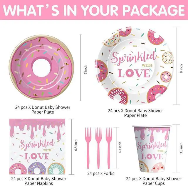 Alt view image 2 of 7 - Donut Baby Sprinkle Decorations Tableware Girl - Pink Donut Sprinkled with Love Baby Shower Decorations Party Supplies, Paper Plate, Napkin, Cup, Disposable Fork | 24 Guests