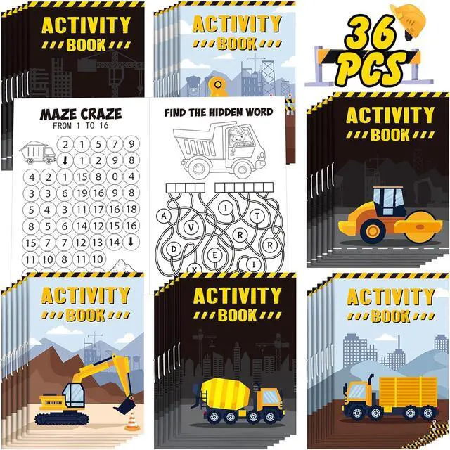Main image of Sinmoe 36 Piece Mini Activity Books Set for Kids' Parties, Includes Construction Trucks: Dump Trucks, Diggers, Cranes, Tractors for Home, School, or Birthday Gifts