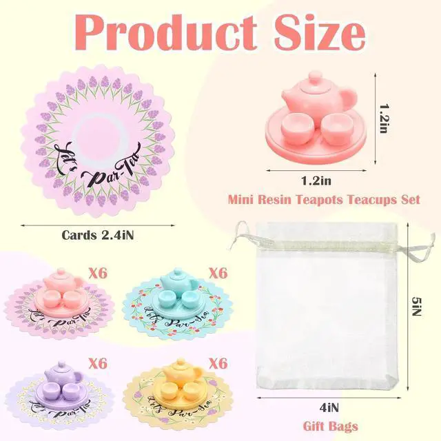 Alt view image 3 of 6 - 24 Sets Small Tea Party Favors Mini Teapots Teacups Set Miniature Tea Cups Gift Resin Figures with Cards 4 Colors for Kids Carnival Prizes Birthday Party Supply