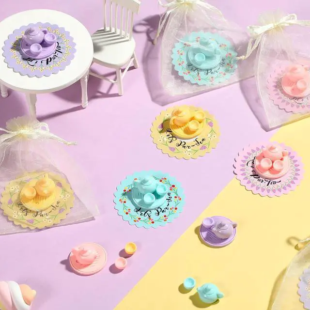 Alt view image 6 of 6 - 24 Sets Small Tea Party Favors Mini Teapots Teacups Set Miniature Tea Cups Gift Resin Figures with Cards 4 Colors for Kids Carnival Prizes Birthday Party Supply