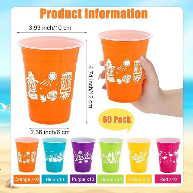 Alt view image 2 of 7 - Kochorie 60 Pieces Hawaiian Luau Cups Tiki Party Decorations Cups 16 Oz Tiki Tropical Plastic Disposable Cup Coconut Beach Decoration for Tropical Moana Birthday Supplies