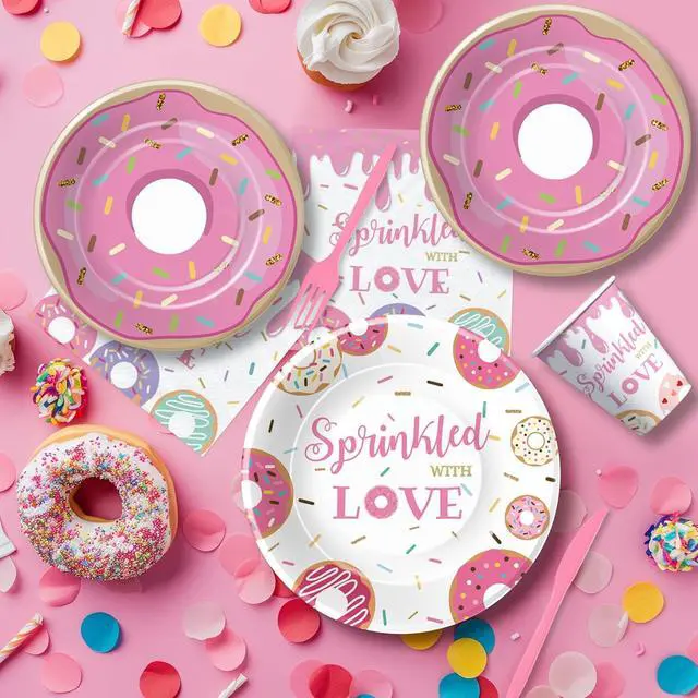 Alt view image 4 of 7 - Donut Baby Sprinkle Decorations Tableware Girl - Pink Donut Sprinkled with Love Baby Shower Decorations Party Supplies, Paper Plate, Napkin, Cup, Disposable Fork | 24 Guests