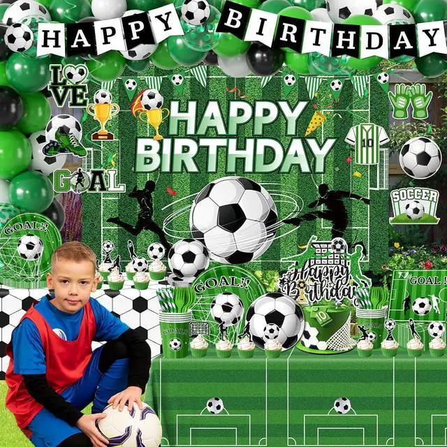 Alt view image 2 of 6 - Soccer Birthday Party Decorations,276pcs Soccer Party Decorations Soccer Birthday Plates Napkins Cups Tablecloth Backdrop Cake Topper Balloon Arch for Soccer Party Supplies,Serve 24