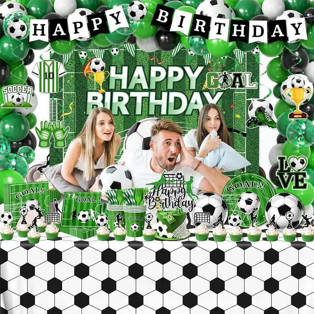 Alt view image 3 of 6 - Soccer Birthday Party Decorations,276pcs Soccer Party Decorations Soccer Birthday Plates Napkins Cups Tablecloth Backdrop Cake Topper Balloon Arch for Soccer Party Supplies,Serve 24