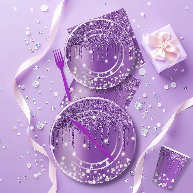 Alt view image 3 of 7 - Purple Plates and Napkins Party Supplies - Decorations Tableware, Paper Plate, Napkin, Cup, Disposable Cutlery, Glitter Bridal Shower Birthday Table Decorations | Serve 24