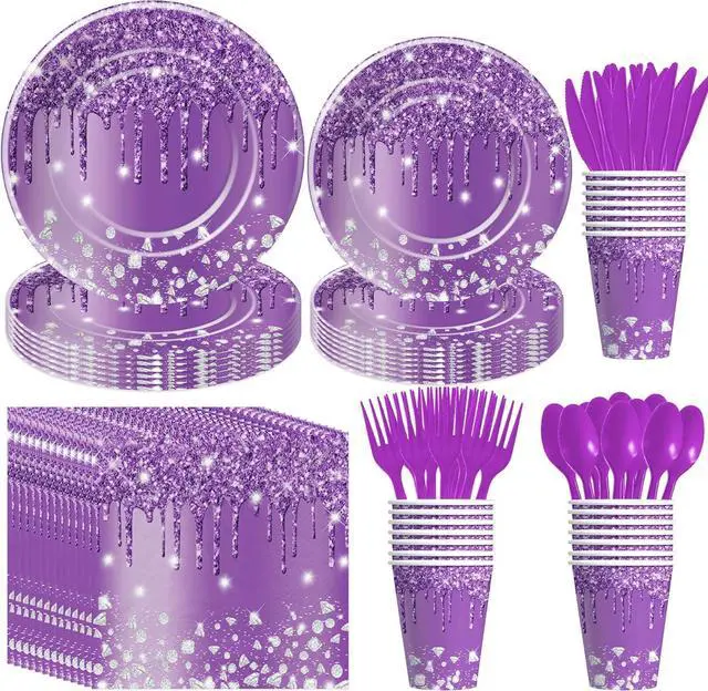 Main image of Purple Plates and Napkins Party Supplies - Decorations Tableware, Paper Plate, Napkin, Cup, Disposable Cutlery, Glitter Bridal Shower Birthday Table Decorations | Serve 24