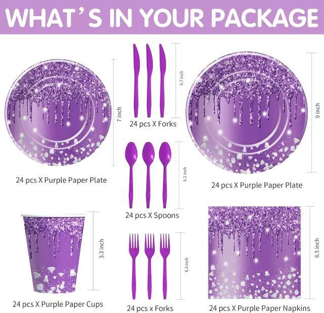 Alt view image 2 of 7 - Purple Plates and Napkins Party Supplies - Decorations Tableware, Paper Plate, Napkin, Cup, Disposable Cutlery, Glitter Bridal Shower Birthday Table Decorations | Serve 24