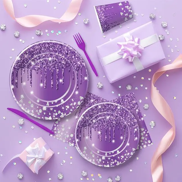 Alt view image 4 of 7 - Purple Plates and Napkins Party Supplies - Decorations Tableware, Paper Plate, Napkin, Cup, Disposable Cutlery, Glitter Bridal Shower Birthday Table Decorations | Serve 24