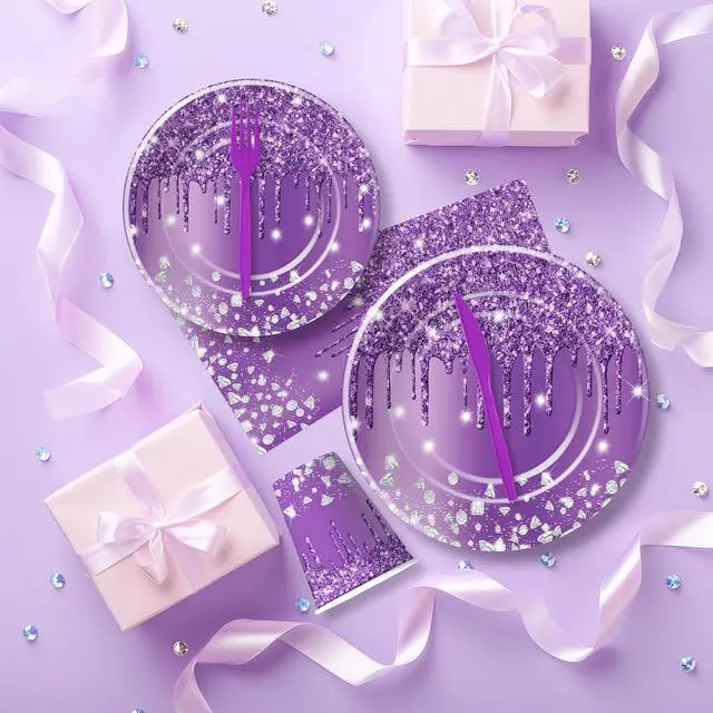 Alt view image 6 of 7 - Purple Plates and Napkins Party Supplies - Decorations Tableware, Paper Plate, Napkin, Cup, Disposable Cutlery, Glitter Bridal Shower Birthday Table Decorations | Serve 24