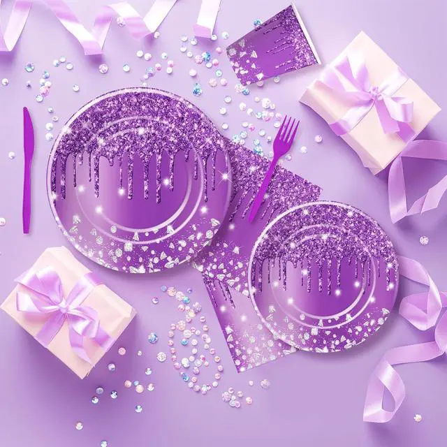 Alt view image 5 of 7 - Purple Plates and Napkins Party Supplies - Decorations Tableware, Paper Plate, Napkin, Cup, Disposable Cutlery, Glitter Bridal Shower Birthday Table Decorations | Serve 24