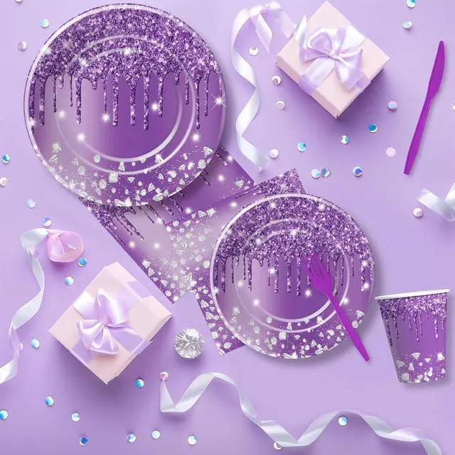 Alt view image 7 of 7 - Purple Plates and Napkins Party Supplies - Decorations Tableware, Paper Plate, Napkin, Cup, Disposable Cutlery, Glitter Bridal Shower Birthday Table Decorations | Serve 24