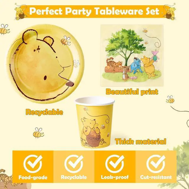 Alt view image 3 of 6 - Winnie Themed Party Tableware - 90PCS Winnie Plates Napkins Cups Party Set for 30 Guests Winnie Baby Show Table Decoration Winnie Theme Disposable Dinnerware for Birthday Party Supplies