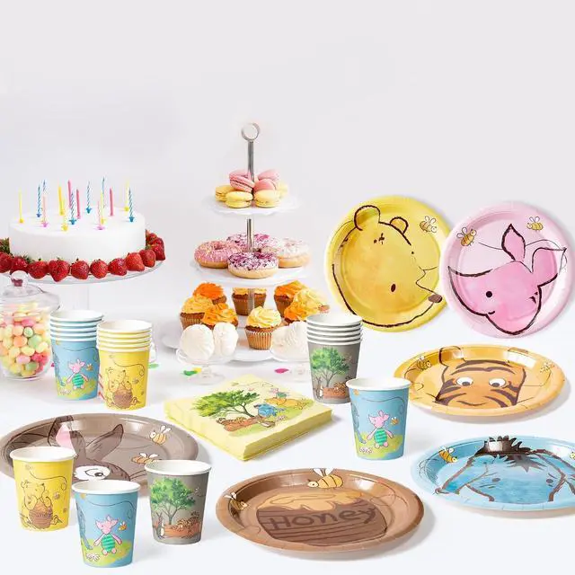 Alt view image 4 of 6 - Winnie Themed Party Tableware - 90PCS Winnie Plates Napkins Cups Party Set for 30 Guests Winnie Baby Show Table Decoration Winnie Theme Disposable Dinnerware for Birthday Party Supplies
