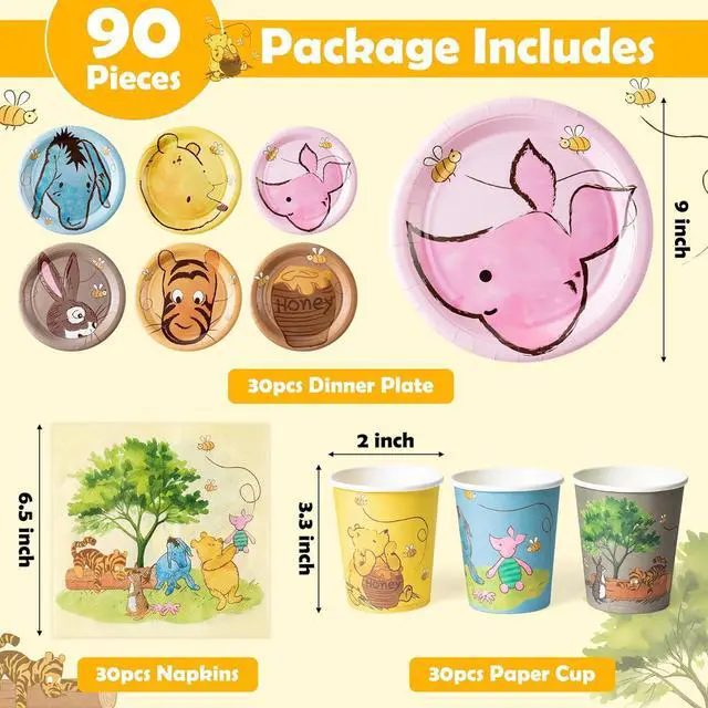 Alt view image 2 of 6 - Winnie Themed Party Tableware - 90PCS Winnie Plates Napkins Cups Party Set for 30 Guests Winnie Baby Show Table Decoration Winnie Theme Disposable Dinnerware for Birthday Party Supplies