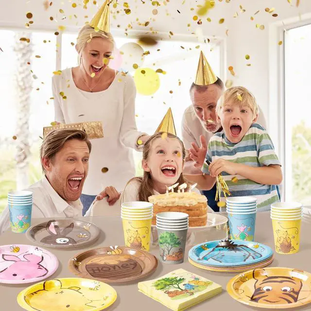 Alt view image 5 of 6 - Winnie Themed Party Tableware - 90PCS Winnie Plates Napkins Cups Party Set for 30 Guests Winnie Baby Show Table Decoration Winnie Theme Disposable Dinnerware for Birthday Party Supplies