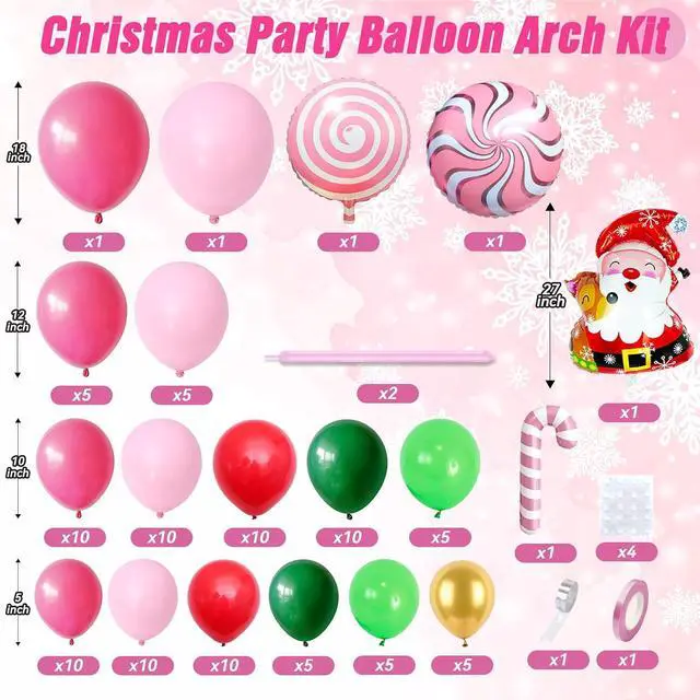Alt view image 2 of 7 - Christmas Balloon Arch Kit, Hot Pink Red Green Metallic Gold Balloons with Snowflake Santa Claus Lollipop Crutch Candy Long Balloons for Christmas Party Xmas Eve Decorations New Year Holiday Supplies
