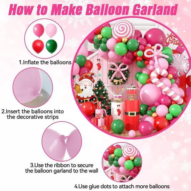 Alt view image 3 of 7 - Christmas Balloon Arch Kit, Hot Pink Red Green Metallic Gold Balloons with Snowflake Santa Claus Lollipop Crutch Candy Long Balloons for Christmas Party Xmas Eve Decorations New Year Holiday Supplies