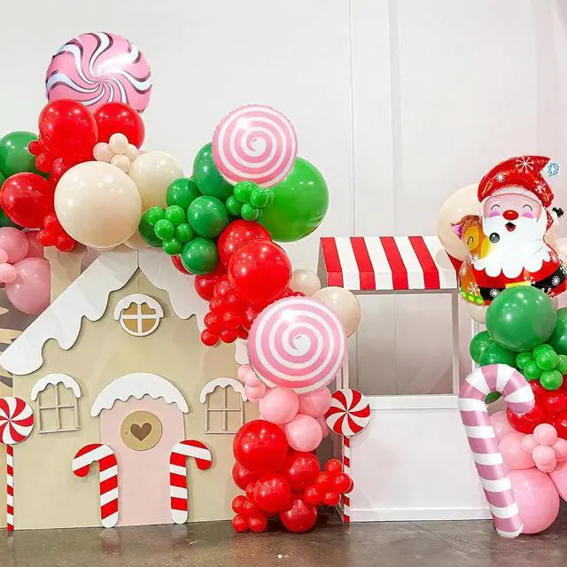 Alt view image 4 of 7 - Christmas Balloon Arch Kit, Hot Pink Red Green Metallic Gold Balloons with Snowflake Santa Claus Lollipop Crutch Candy Long Balloons for Christmas Party Xmas Eve Decorations New Year Holiday Supplies