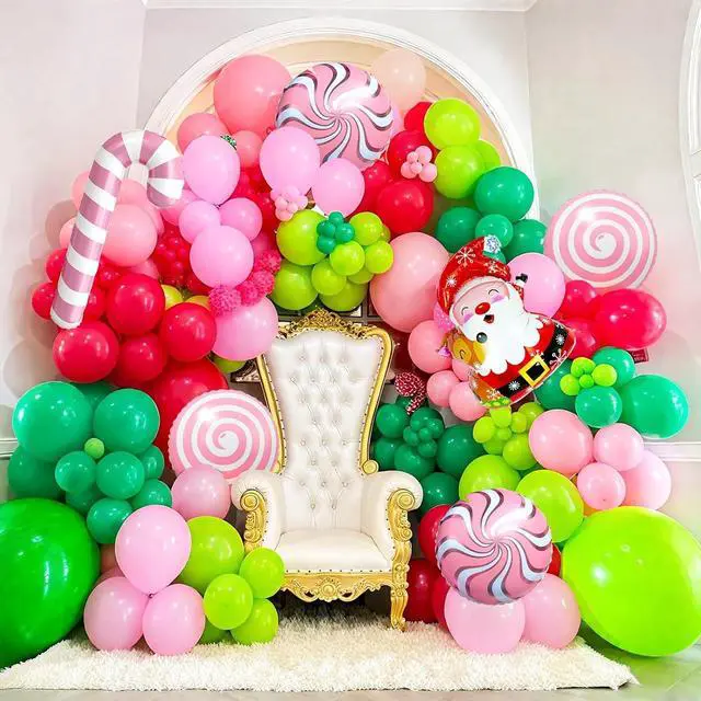 Alt view image 5 of 7 - Christmas Balloon Arch Kit, Hot Pink Red Green Metallic Gold Balloons with Snowflake Santa Claus Lollipop Crutch Candy Long Balloons for Christmas Party Xmas Eve Decorations New Year Holiday Supplies