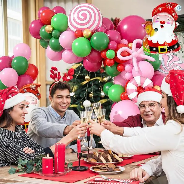 Alt view image 7 of 7 - Christmas Balloon Arch Kit, Hot Pink Red Green Metallic Gold Balloons with Snowflake Santa Claus Lollipop Crutch Candy Long Balloons for Christmas Party Xmas Eve Decorations New Year Holiday Supplies