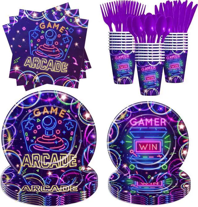 Main image of Arcade Birthday Party Supplies, Neon Glow Video Game Arcade Birthday Decorations Party Tableware, Paper Plate, Napkin, Cup, Disposable Cutlery, Arcade Party Decorations, Serve 24