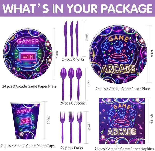 Alt view image 2 of 7 - Arcade Birthday Party Supplies, Neon Glow Video Game Arcade Birthday Decorations Party Tableware, Paper Plate, Napkin, Cup, Disposable Cutlery, Arcade Party Decorations, Serve 24