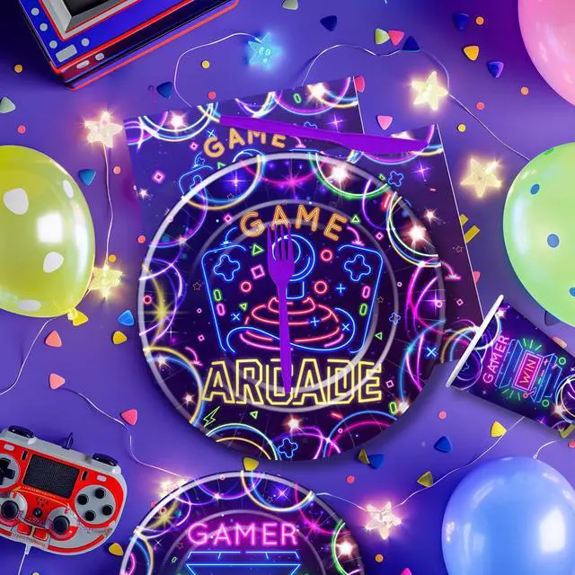 Alt view image 3 of 7 - Arcade Birthday Party Supplies, Neon Glow Video Game Arcade Birthday Decorations Party Tableware, Paper Plate, Napkin, Cup, Disposable Cutlery, Arcade Party Decorations, Serve 24