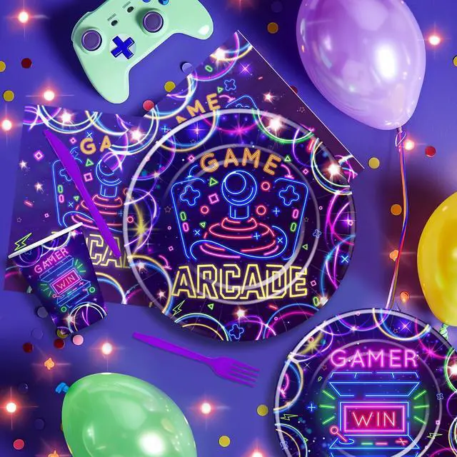 Alt view image 4 of 7 - Arcade Birthday Party Supplies, Neon Glow Video Game Arcade Birthday Decorations Party Tableware, Paper Plate, Napkin, Cup, Disposable Cutlery, Arcade Party Decorations, Serve 24