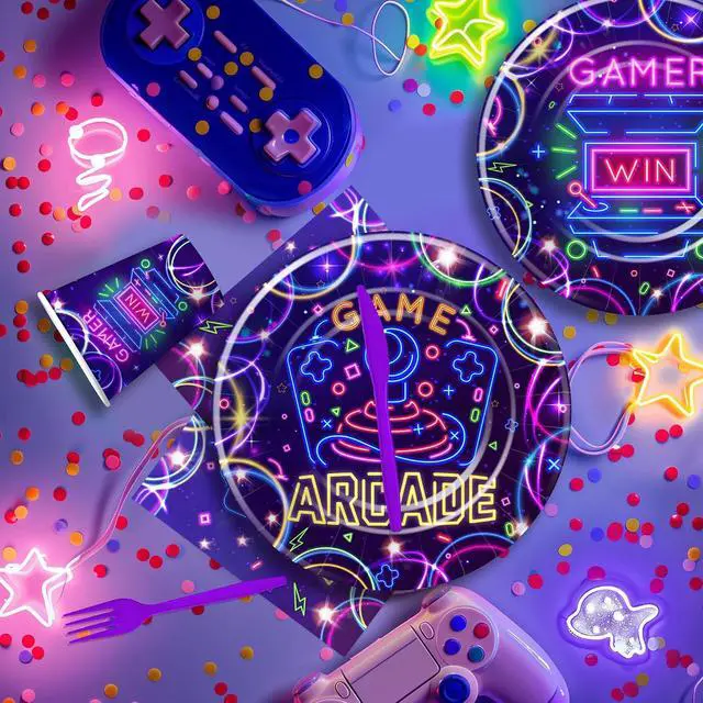 Alt view image 5 of 7 - Arcade Birthday Party Supplies, Neon Glow Video Game Arcade Birthday Decorations Party Tableware, Paper Plate, Napkin, Cup, Disposable Cutlery, Arcade Party Decorations, Serve 24