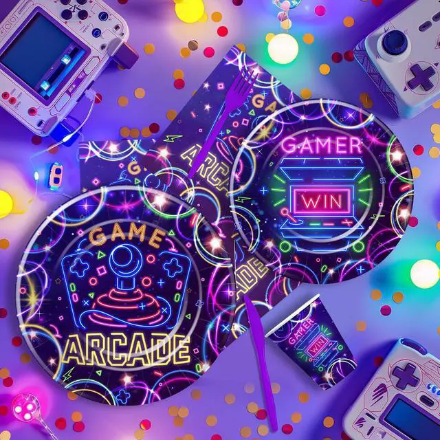 Alt view image 6 of 7 - Arcade Birthday Party Supplies, Neon Glow Video Game Arcade Birthday Decorations Party Tableware, Paper Plate, Napkin, Cup, Disposable Cutlery, Arcade Party Decorations, Serve 24