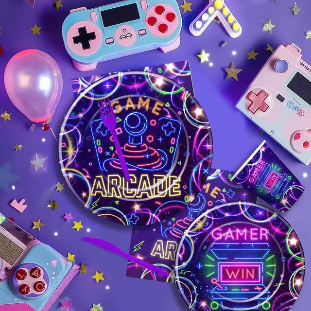Alt view image 7 of 7 - Arcade Birthday Party Supplies, Neon Glow Video Game Arcade Birthday Decorations Party Tableware, Paper Plate, Napkin, Cup, Disposable Cutlery, Arcade Party Decorations, Serve 24