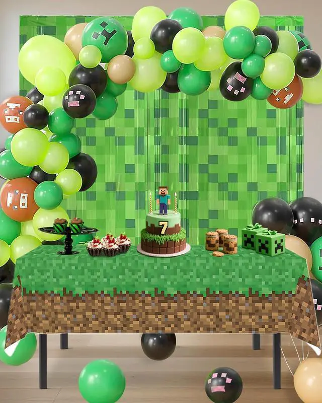 Main image of ALL-IN-1 Pixel Balloon Arch Kit with Tablecloth and Pixel Mining Theme Curtains Backdrop for Birthday Decorations - Green Brown Black Balloons for Birthday Decorations & Video Game Party Supplies