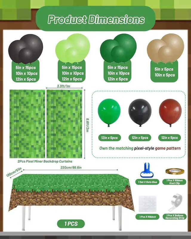 Alt view image 2 of 6 - ALL-IN-1 Pixel Balloon Arch Kit with Tablecloth and Pixel Mining Theme Curtains Backdrop for Birthday Decorations - Green Brown Black Balloons for Birthday Decorations & Video Game Party Supplies
