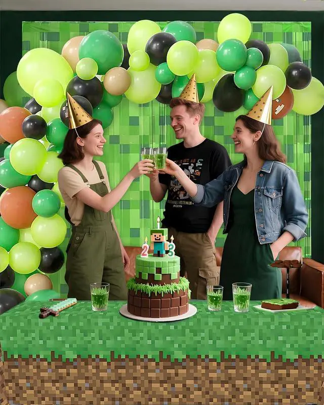 Alt view image 4 of 6 - ALL-IN-1 Pixel Balloon Arch Kit with Tablecloth and Pixel Mining Theme Curtains Backdrop for Birthday Decorations - Green Brown Black Balloons for Birthday Decorations & Video Game Party Supplies