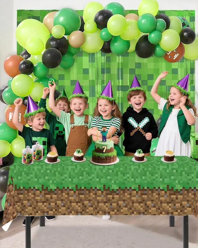Alt view image 3 of 6 - ALL-IN-1 Pixel Balloon Arch Kit with Tablecloth and Pixel Mining Theme Curtains Backdrop for Birthday Decorations - Green Brown Black Balloons for Birthday Decorations & Video Game Party Supplies