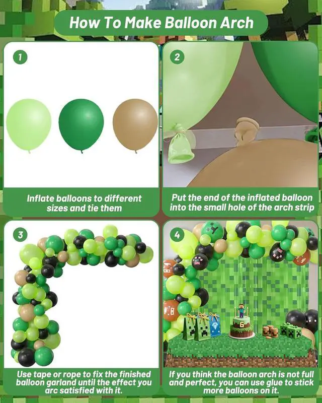 Alt view image 6 of 6 - ALL-IN-1 Pixel Balloon Arch Kit with Tablecloth and Pixel Mining Theme Curtains Backdrop for Birthday Decorations - Green Brown Black Balloons for Birthday Decorations & Video Game Party Supplies