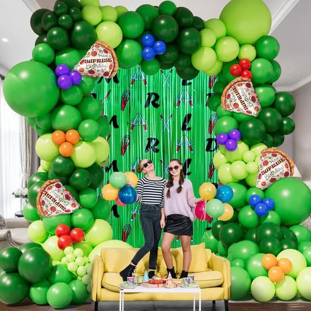 Alt view image 3 of 7 - 153pcs Green Turtle Balloon Garland Arch Kit,Include Turtle Balloons Arch, Pizza Foil Balloon,2 Pack Turtle Themed 6.6FT x 3.3FT Sparkle Metallic Tinsel Foil Fringe Curtains Backdrop