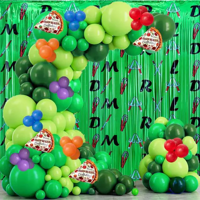 Main image of 153pcs Green Turtle Balloon Garland Arch Kit,Include Turtle Balloons Arch, Pizza Foil Balloon,2 Pack Turtle Themed 6.6FT x 3.3FT Sparkle Metallic Tinsel Foil Fringe Curtains Backdrop