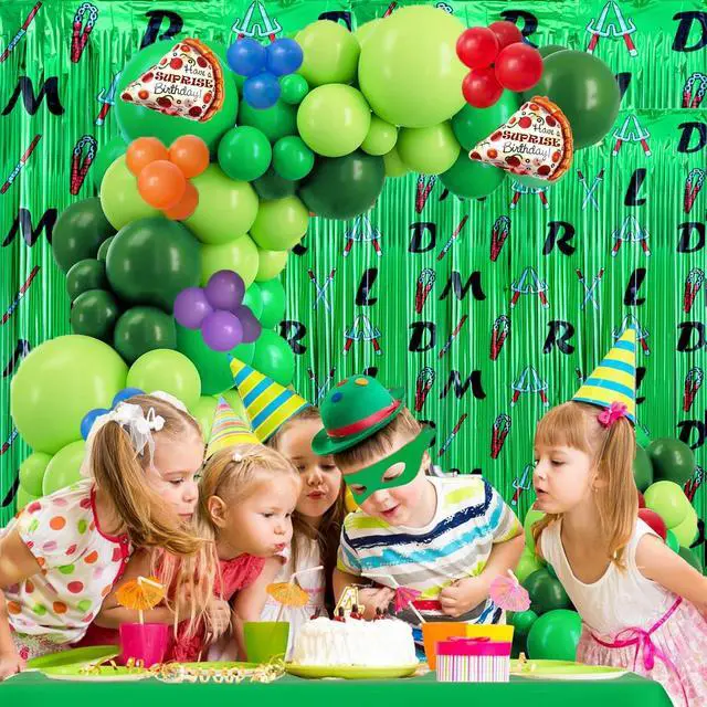 Alt view image 2 of 7 - 153pcs Green Turtle Balloon Garland Arch Kit,Include Turtle Balloons Arch, Pizza Foil Balloon,2 Pack Turtle Themed 6.6FT x 3.3FT Sparkle Metallic Tinsel Foil Fringe Curtains Backdrop