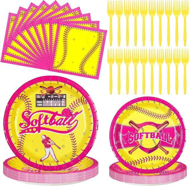 Main image of 96 Pcs Softball Party Decorations for Girls Softball Party Tableware Supplies Pre-game Meal Plates Napkins Forks Set Birthday Disposable Sports Tableware Kit Women 24 Guests