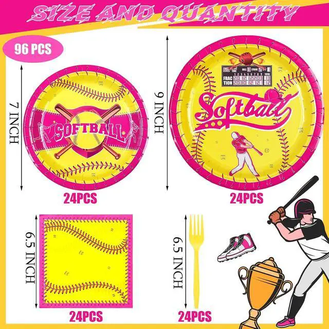 Alt view image 2 of 6 - 96 Pcs Softball Party Decorations for Girls Softball Party Tableware Supplies Pre-game Meal Plates Napkins Forks Set Birthday Disposable Sports Tableware Kit Women 24 Guests