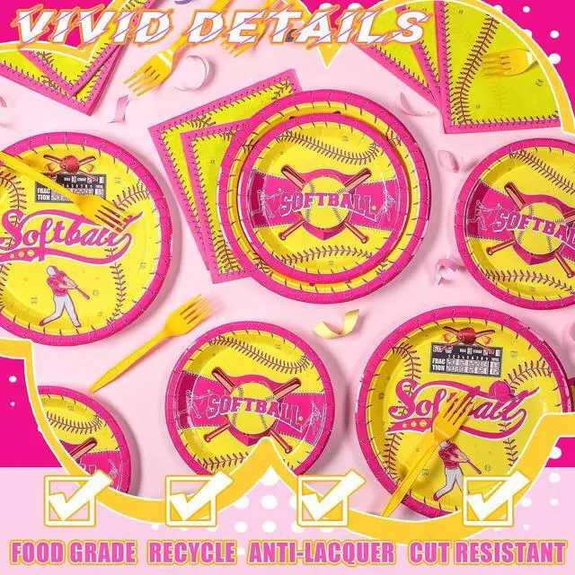 Alt view image 3 of 6 - 96 Pcs Softball Party Decorations for Girls Softball Party Tableware Supplies Pre-game Meal Plates Napkins Forks Set Birthday Disposable Sports Tableware Kit Women 24 Guests