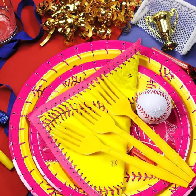 Alt view image 5 of 6 - 96 Pcs Softball Party Decorations for Girls Softball Party Tableware Supplies Pre-game Meal Plates Napkins Forks Set Birthday Disposable Sports Tableware Kit Women 24 Guests