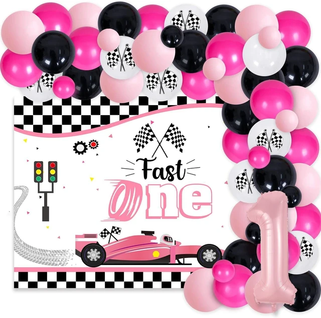 Main image of Racing Car 1st Birthday Decorations Girl Pink Racing Theme Fast One Backdrop Pink Black Balloon Garland Arch Kit for Girls Race Car First Birthday Party Supplies