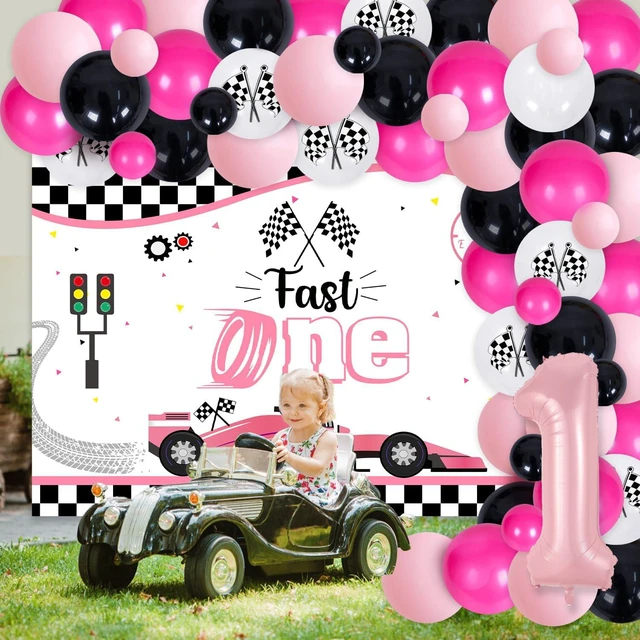Alt view image 2 of 7 - Racing Car 1st Birthday Decorations Girl Pink Racing Theme Fast One Backdrop Pink Black Balloon Garland Arch Kit for Girls Race Car First Birthday Party Supplies
